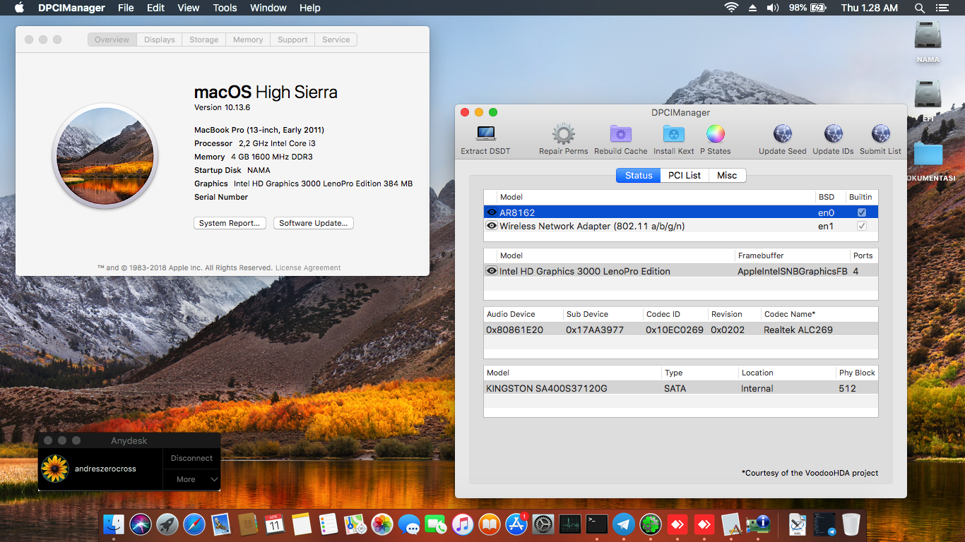 Succes Hackintosh macOS High Sierra 10.13.6 Build 17G65 at Lenovo G480-20156 SandyBridge